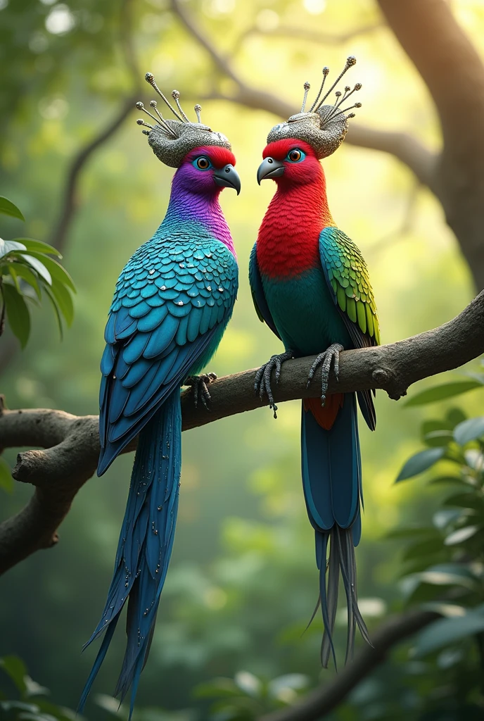 Create an 8K high-resolution image of two exotic, vibrant birds perched on a branch in a lush forest setting. The birds should have striking, multi-colored feathers with intricate patterns resembling gemstones, including shades of blue, purple, red, and green. They are wearing traditional Asian-style conical hats with elegant silver adornments. The birds' long, graceful tail feathers should feature ornate white designs with bead-like decorations. The background should be softly blurred, with natural sunlight filtering through the dense green foliage, creating a magical, serene atmosphere. Capture the details of the birds’ feathers and the hats in ultra-sharp resolution, ensuring a visually stunning and realistic appearance."