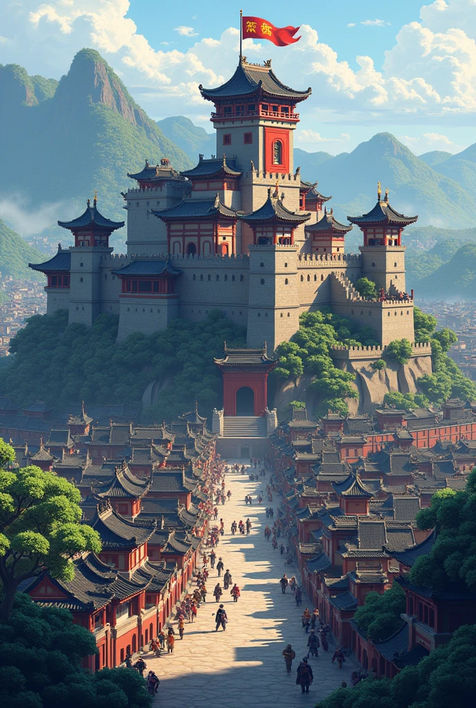 Pixel art, Romance of the Three Kingdoms, Spring and Autumn Warring States period, castle icon, castle wall with watchtower, walled city, city with 100,000 inhabitants, quarter view, pixel art, voxel art, PBR rendering, block art, LEGO block,