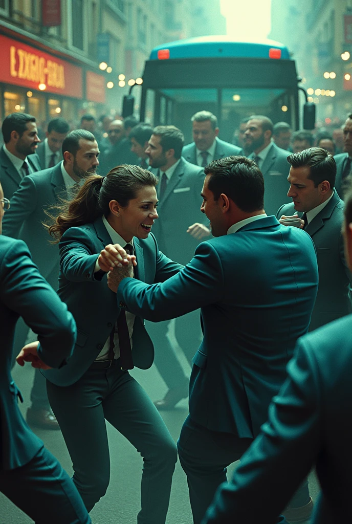 Create an image of a fight between a Blue Mafia mob and a Green Mafia mob. Nela, put fans of the green spot punching those of the Blue Mafia. in addition, from that, put behind the crowds bus.
Create an aerial image