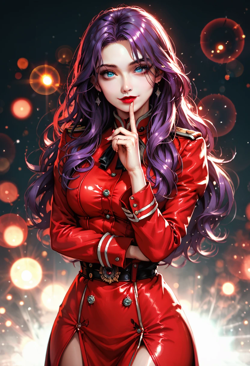 red uniform, pink military uniform, purple hair ,blue eyes, lipstick, long hair, 1 girl, 20yo,Young female, Beautiful Finger, Beautiful long legs, Beautiful body, Beautiful Nose, Beautiful character design, perfect eyes, perfect face, expressive eyes, looking at viewer, in the center of the image,(light_smile:0.5), official art, extremely detailed CG unity 8k wallpaper, perfect lighting, Colorful, Bright Front face lighting, shiny skin, (masterpiece:1.0),(best_quality:1.0), ultra high res,4K,ultra-detailed, photography, 8K, HDR, high res, absurdres:1.2, Kodak portray 400, film grain, blurry background, bokeh:1.2, lens flare, (vibrant_color:1.2) (Beautiful,large_Breasts:1.0), (beautiful_face:1.5),(narrow waist) BLOOD ELVES