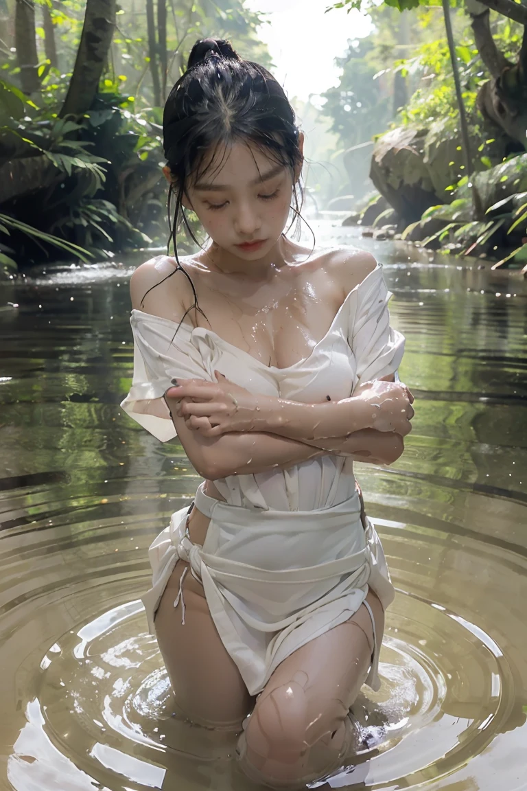 Naked Asian female body (((wet loose T-shirt))) ,(((wet))), rain, wide neck, Black line,((in the center of the image, full body, Slender waist)no clothes, Taking a bath in a stream in a dark forest with her beloved husband, Hug and rub your body to cleanse it..