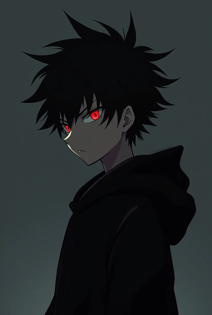 Anime boy , Spiky hair , black hair , black hoodie , red eyes , narrowed eye , blank black background , side view