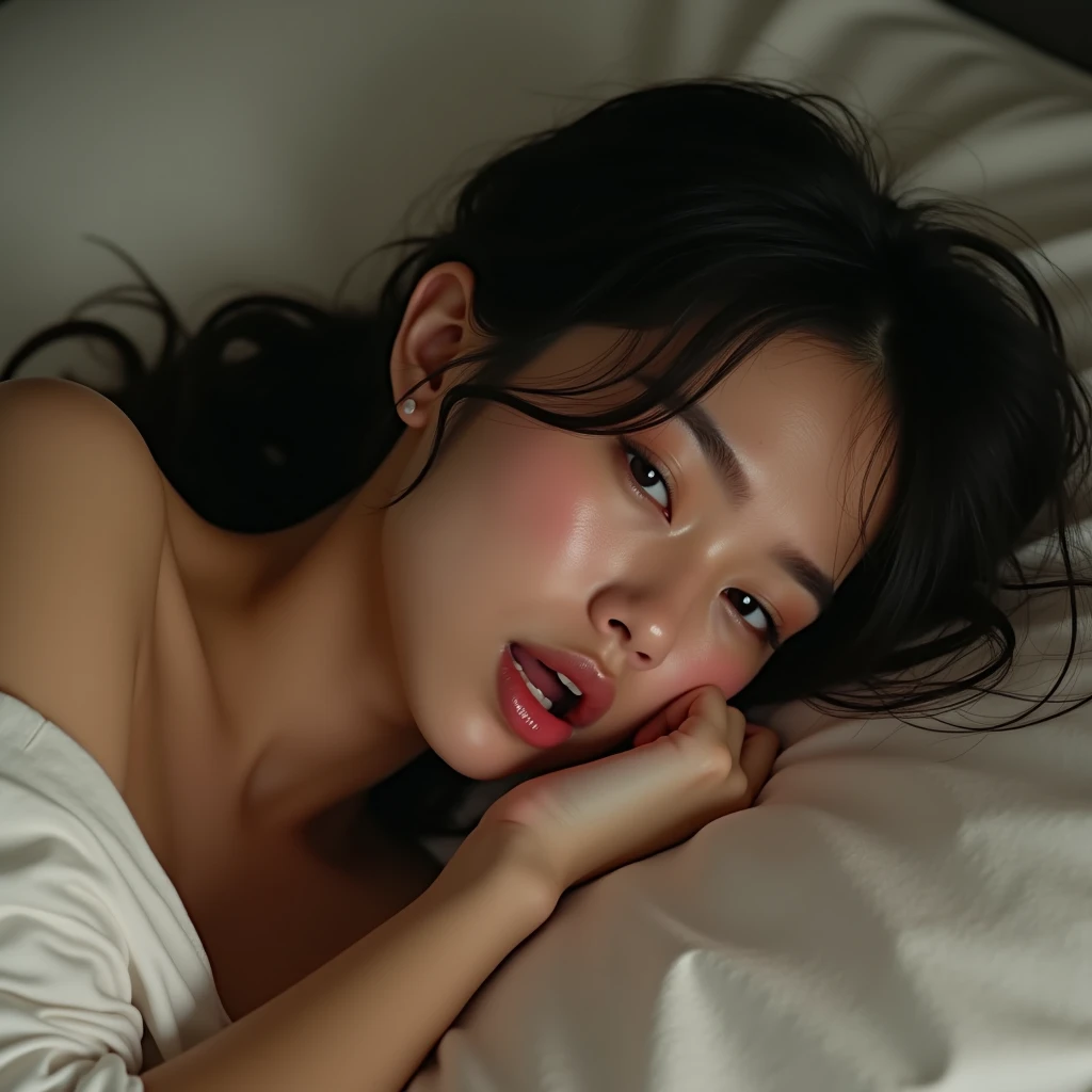 extremely quality photo, sharp focus, epic realism, realisitic, source_photo, proper alignment, young indonesian actress, orgasmic climax on bed