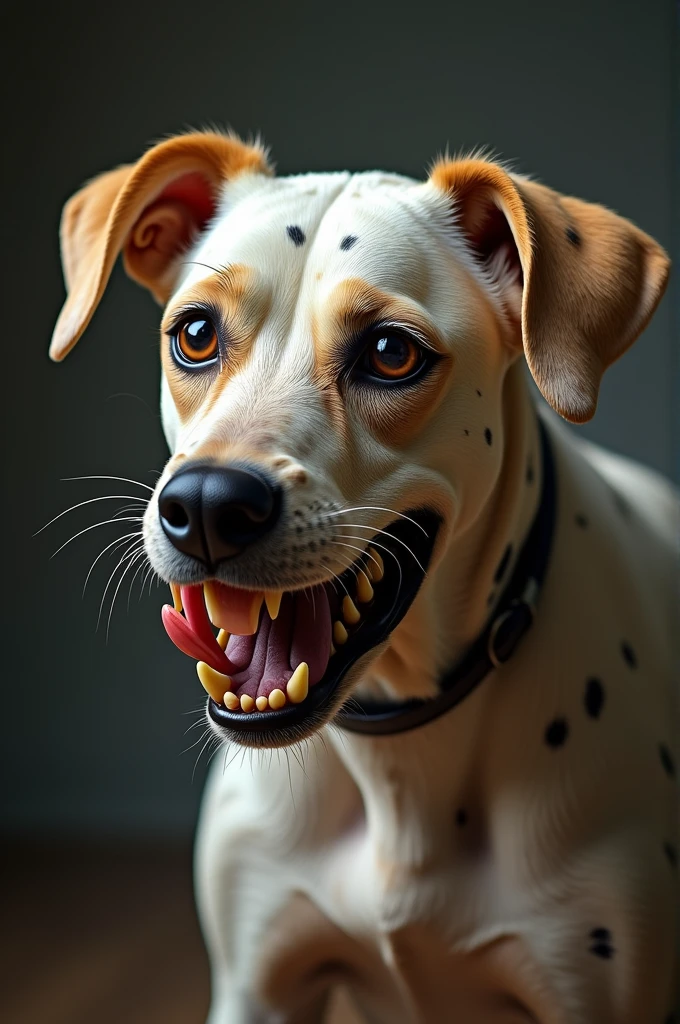 A super ugly dog. Spotty coat, Bad teeth. Photo realistic