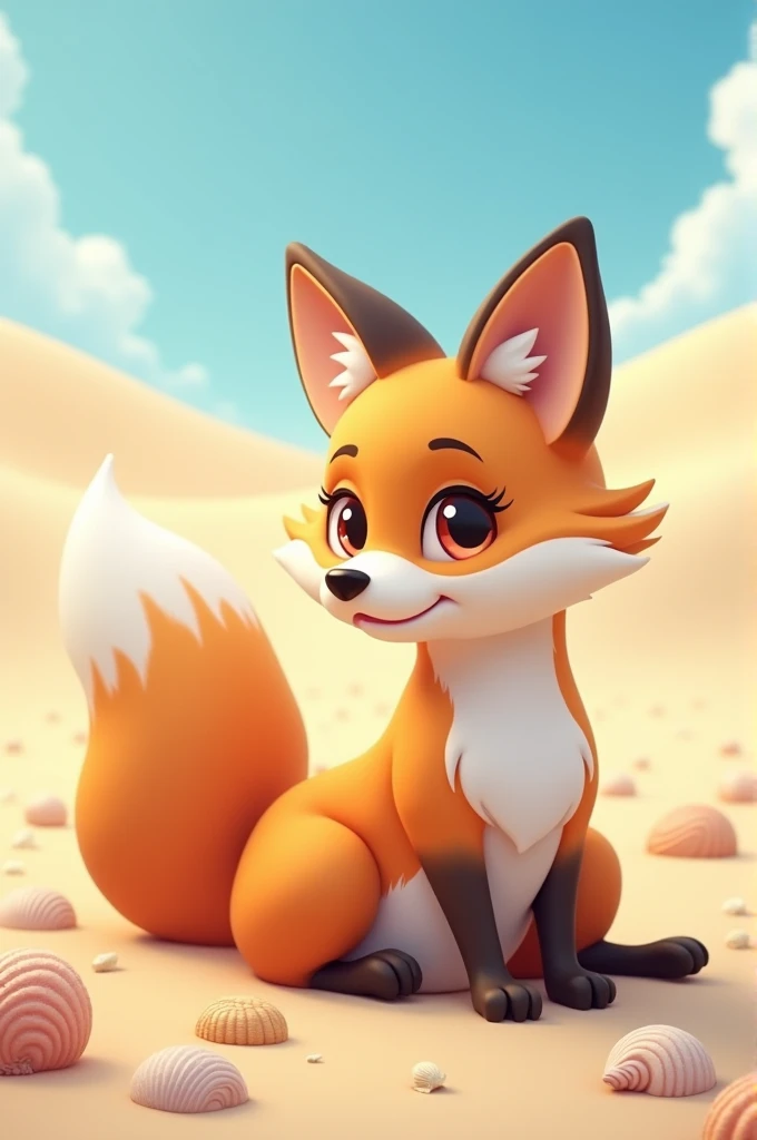 A furry, cartoon-style image of a not-so-realistic female fox with a slim build. She is lying on a bare beach with sand dunes, seashells and a clear sky. The fox has his legs open showing everything