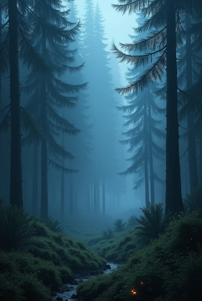 "A dense, shady forest with tall pine trees, shrouded in a thick, blue mist, creating a mystical and mysterious atmosphere. The surrounding vegetation is dark green, with a faint glow of small wildflowers scattered across the ground. The lighting is soft and dim, accentuating the cold and humid climate of the landscape."