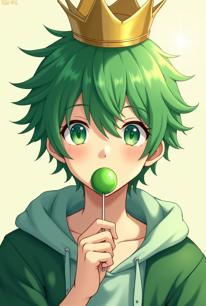 An anime of a teenager with green hair, a green lollipop in his mouth, dark green eyes and WITH A YELLOW CROWN