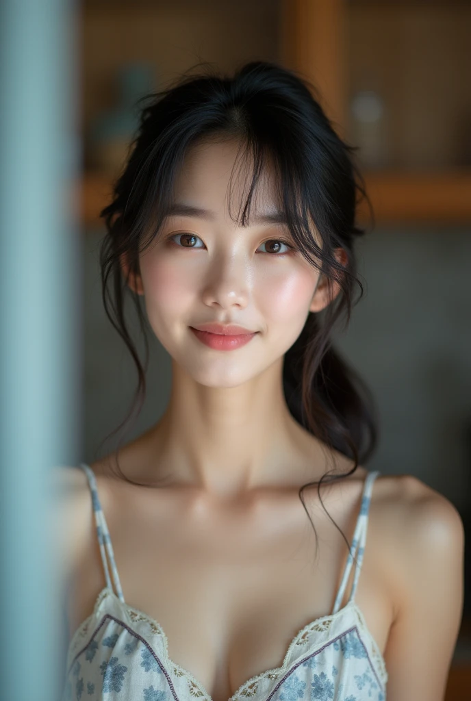 ((best quality, 8K, RAW photos, masterpiece :1.3)), (Practical、Practical:1.37)、Very detailed、Ultra-high resolution, (Professional lighting), ((From below:1.2)),((Full body image)),Solitary, 1 female, Solitary, (1), Japanese, Beautiful and delicate face, Shining eyes, Brown eyes,Small Breasts、 Small Breasts:1.3,(Nogizaka-style beautiful girl) , Delicate and beautiful skin, Texture, Blue Kitchen,
(Healthy smile),(((naked)))