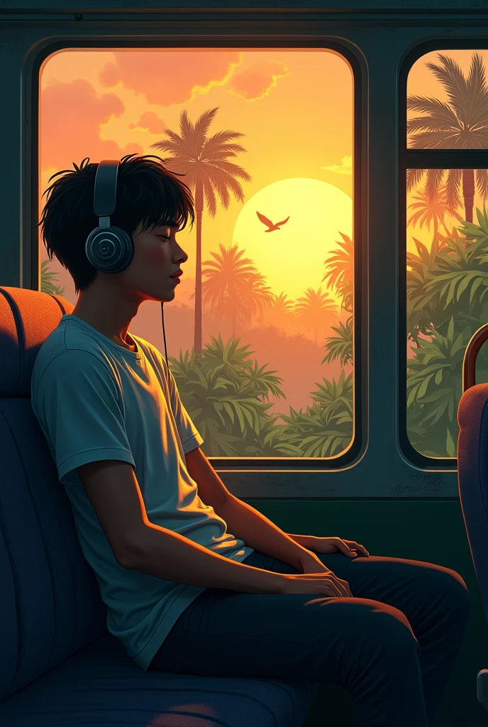 age 30 boy sit alone in bus closed eyes listening music with headphones sunset jungle flying bird 