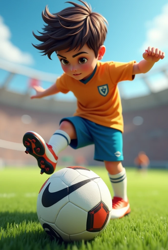 Create a picture of a  boy playing football and add original, clearly visible Nike football boots white with black Nike swoosh&#39;s on the front of the forefoot like the mercurial cr7 wears left and right and has the foot on the ball. He has dark brown hair. In graphics please