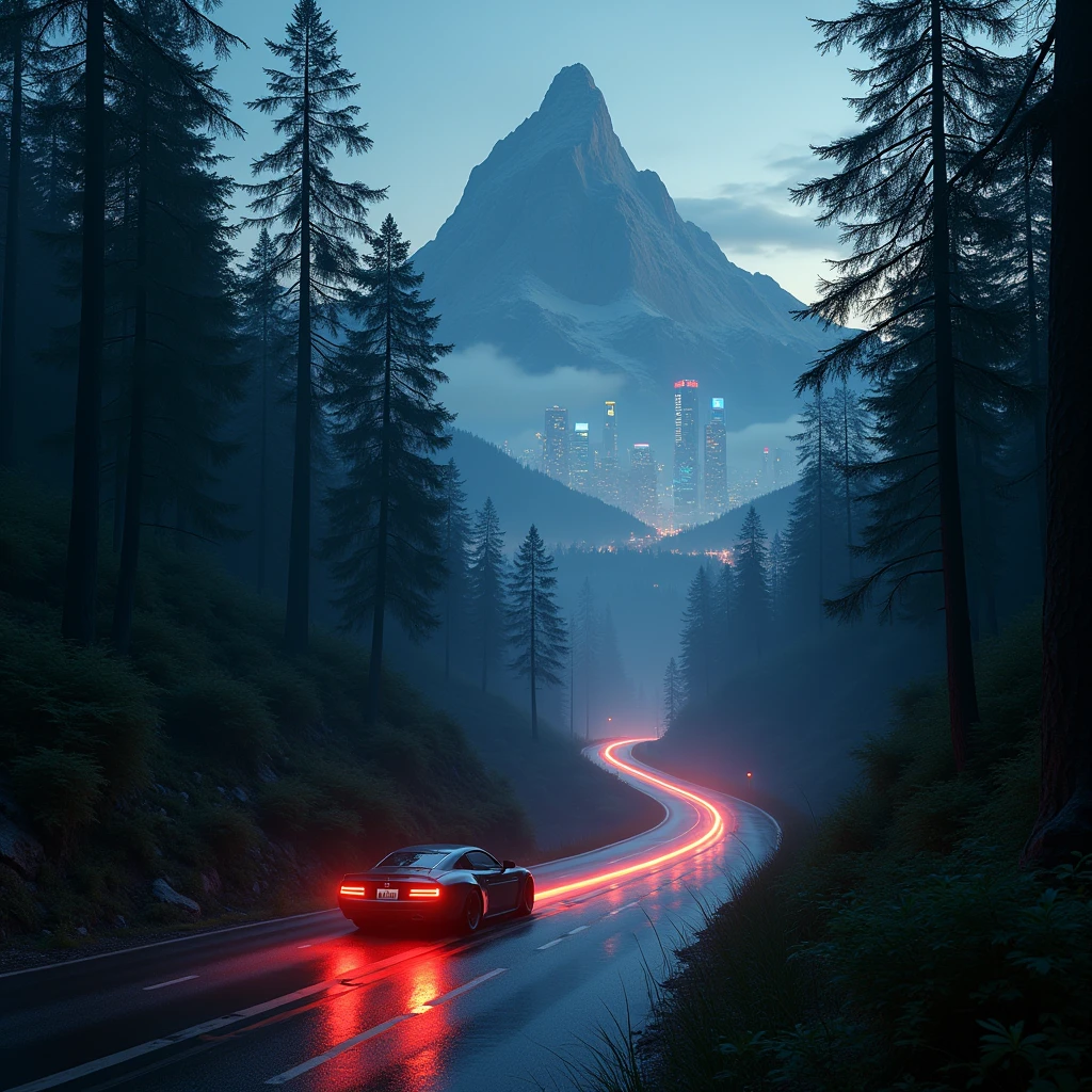 Intricate details, ( real photograph),
Cinema Lighting,Cyberpunk forest,mountain,
Soft colors,The car's exhaust was red in the headlights,Cityscape,space,car,No humans,scenery,side view, Expressway,