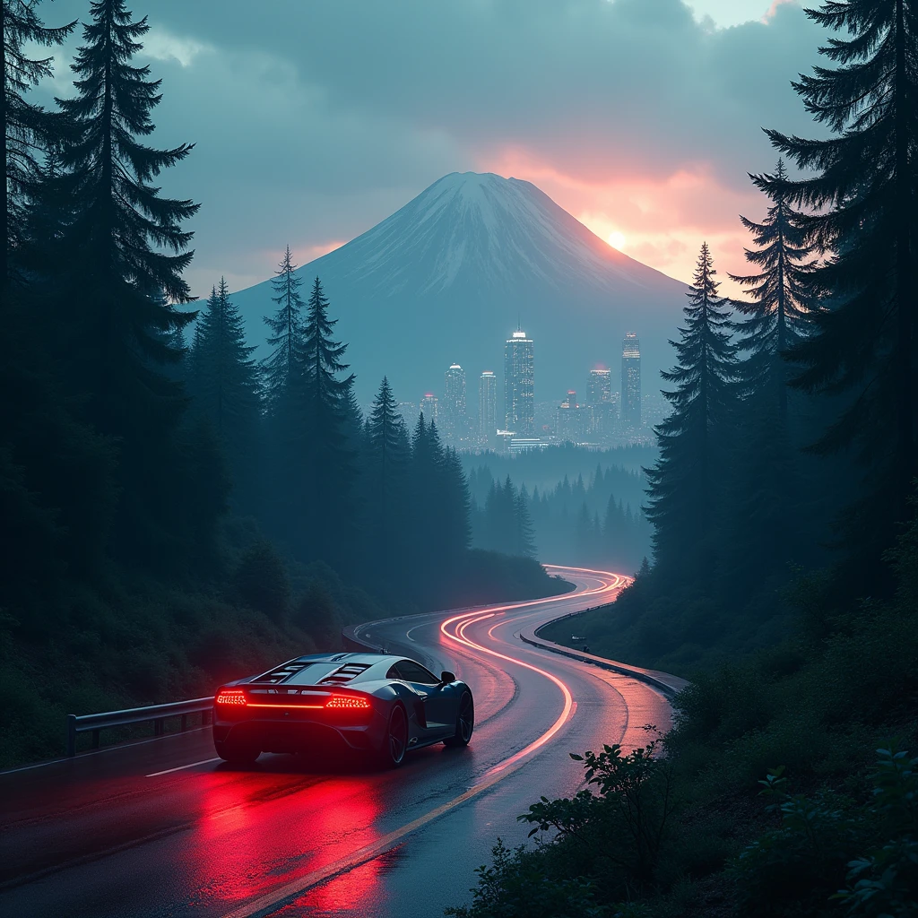 Intricate details, ( real photograph),
Cinema Lighting,Cyberpunk forest,mountain,
Soft colors,The car's exhaust was red in the headlights,Cityscape,space,car,No humans,scenery,side view, Expressway,