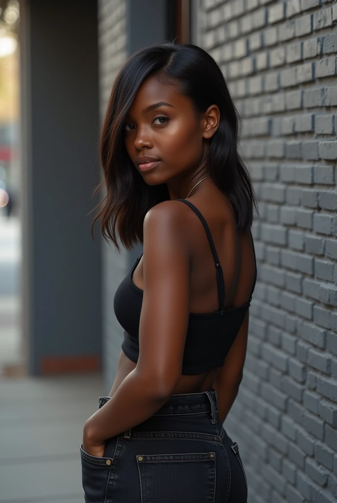 ### Young woman: age: 23 Height: 175 cm Nationality African American ### 1. **face**: - **Face Shape**: Oval face, dark skin, warm chocolate shade. - **eyes**: Big brown eyes with long eyelashes. The look is soft and calm. - **lips**: full, expressive lips of natural dark pink color, With a slight smile. - **nose**: nose прямой, with rounded nostrils, neatly shaped. - **hair**: medium length, white, straight, with a slight wave Natural skin, no shine ### 2. **Figure**: - **physique**: Average height, with a feminine figure and smooth curves. The waist is clearly defined, rounded hips, creating a silhouette "hourglass". - **breast:** 3 size, natural form - **shoulders**: Slightly sloping, what makes the figure softer. - **legs**: Slender, long legs with toned muscles. ### 3. **cloth**: - **top**: короткая рубашка white - **through**: jeans black oversize. - **shoes**: High top white sneakers. ### 4 Out: - dynamic pose ### 5. **Location**: - **background**: gray brick wall facing the street - **Lighting**: daytime - **details**: some bricks are broken - **mood**: Cozy and calm atmosphere, the girl looks relaxed, loneliness.