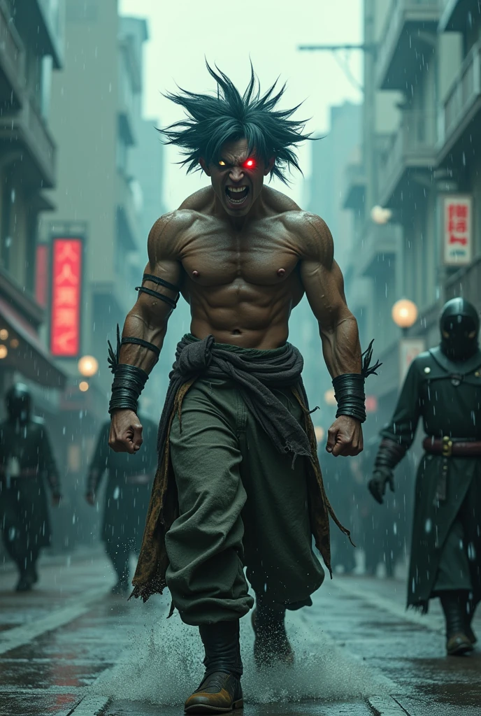 Rain, fragments splash Snowflakes, particles blender Cinematic Composition A realistic photoshoot of an Japanese male model cosplaying dragon ball classic Uniform blue white, hair style conceptual Tim burton messy wind akira toriyama as from RAW photography tmasterpiece Anthropomorphic humanoid Majin Buu rage facing eyes glow red red gold Torn Viking costume wearing Street attire, Walk wildly through the crowd, intricately details, Intricate work by Gribors, Behind the city, fit-muscled body, Large muscles, Muscular arms, Small head, Scary ogres, Titan soft lighting, Ultra photo realsisim, gentle illumination, sinister environment filmed by Zack Synder variant angles dynamic