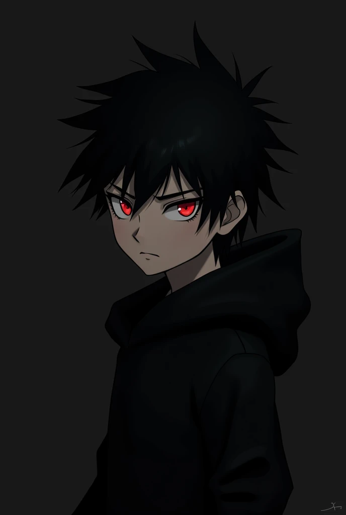 Anime boy , Spiky hair , black hair , black hoodie , red eyes , narrowed eye , blank black background , side view