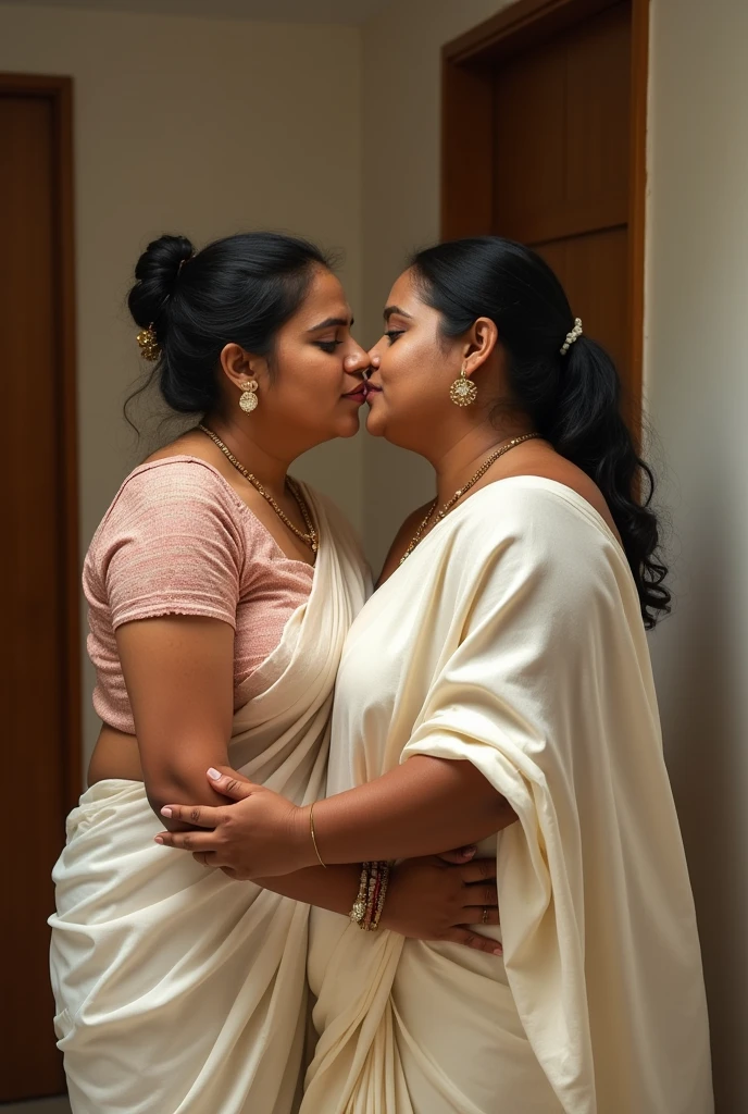 a  50-year-old lesbian  affectionately hugging and kissing aradiant, full-figured South Indian plus-sized 30 year old teacher wearing a off white silky saree in  dressing room, (cum Splash on her face and blouse, cum Splash on her face, cum Splash)captured in a full-body image with vibrant hues and meticulous details. Full body image boobs facing forward