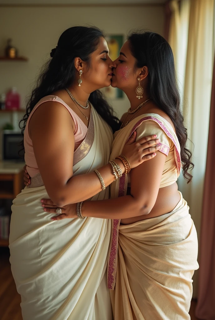 a  50-year-old lesbian  affectionately hugging and kissing aradiant, full-figured South Indian plus-sized 30 year old teacher wearing a off white silky saree in  dressing room, (cum Splash on her face and blouse, cum Splash on her face, cum Splash)captured in a full-body image with vibrant hues and meticulous details. Full body image boobs facing forward