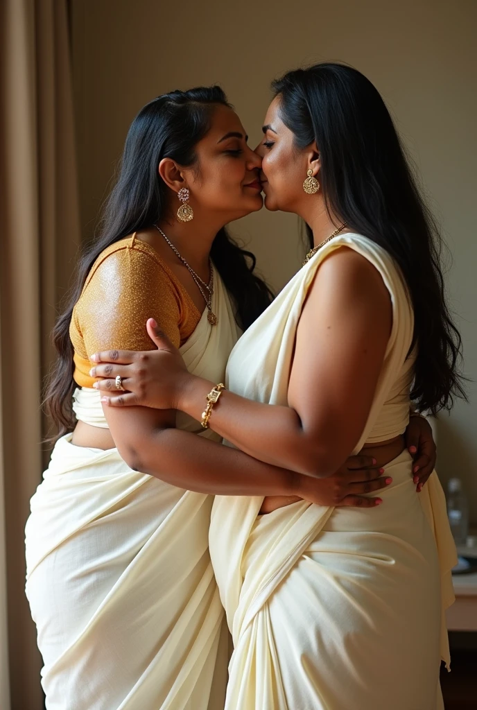 a  50-year-old lesbian  affectionately hugging and kissing aradiant, full-figured South Indian plus-sized 30 year old teacher wearing a off white silky saree in  dressing room, (cum Splash on her face and blouse, cum Splash on her face, cum Splash)captured in a full-body image with vibrant hues and meticulous details. Full body image boobs facing forward