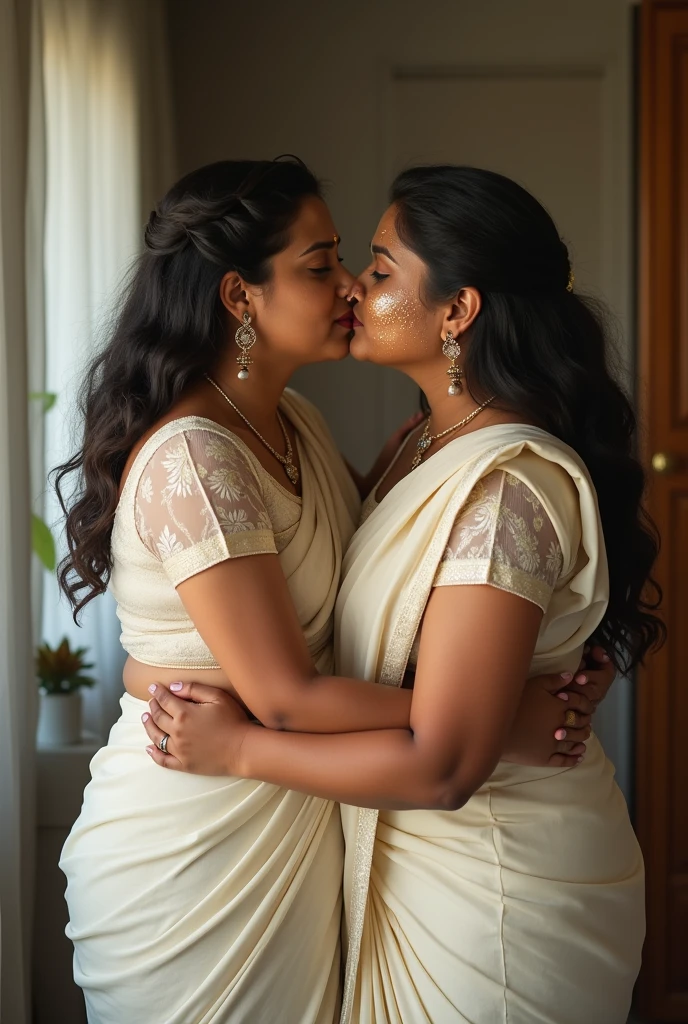 a  50-year-old lesbian  affectionately hugging and kissing aradiant, full-figured South Indian plus-sized 30 year old teacher wearing a off white silky saree in  dressing room, (cum Splash on her face and blouse, cum Splash on her face, cum Splash)captured in a full-body image with vibrant hues and meticulous details. Full body image boobs facing forward