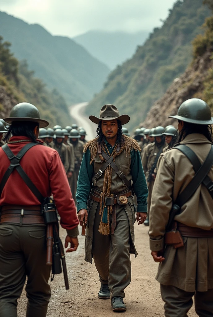 Tupac Amaru II** compare to **Mayor Arriaga** on a mountain road. Túpac Amaru's soldiers surround him, while the mayor, Afraid, is arrested.