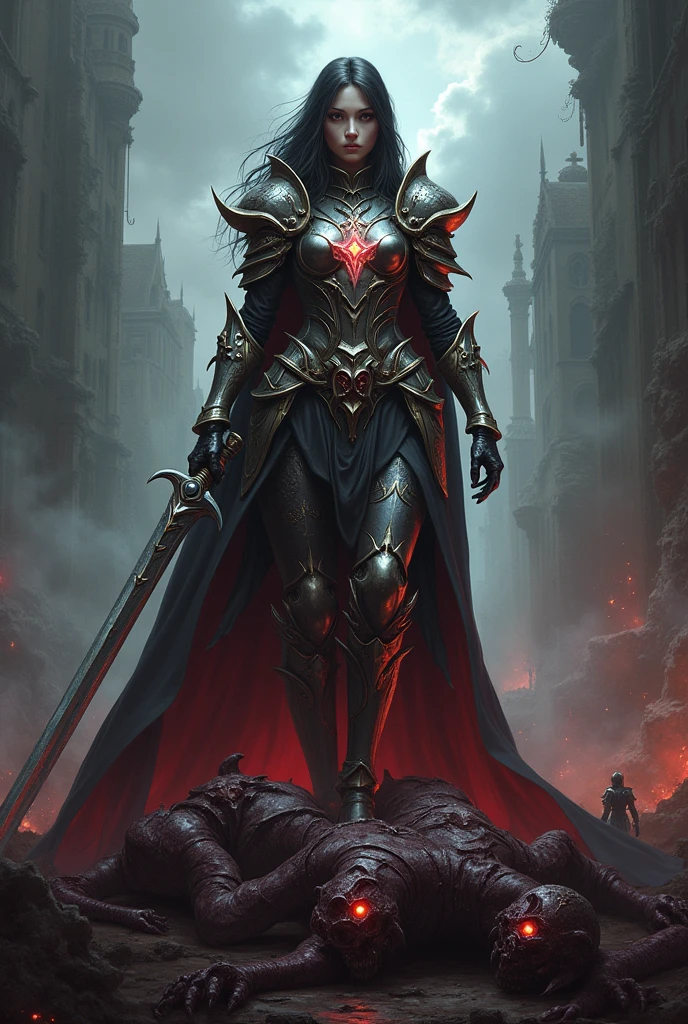 The templar girl from Hellgate: London, standing over a pile of dead demons with a live one sneaking behind