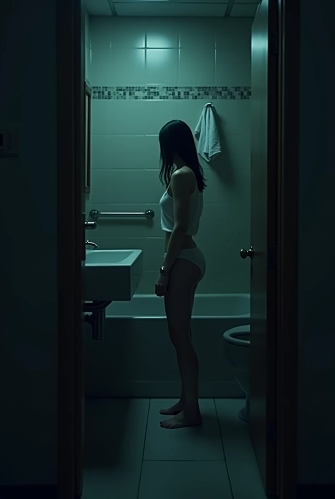 A girl in bathroom a college hostel. There is a hidden camera behind her. The background is dark theme for privacy.