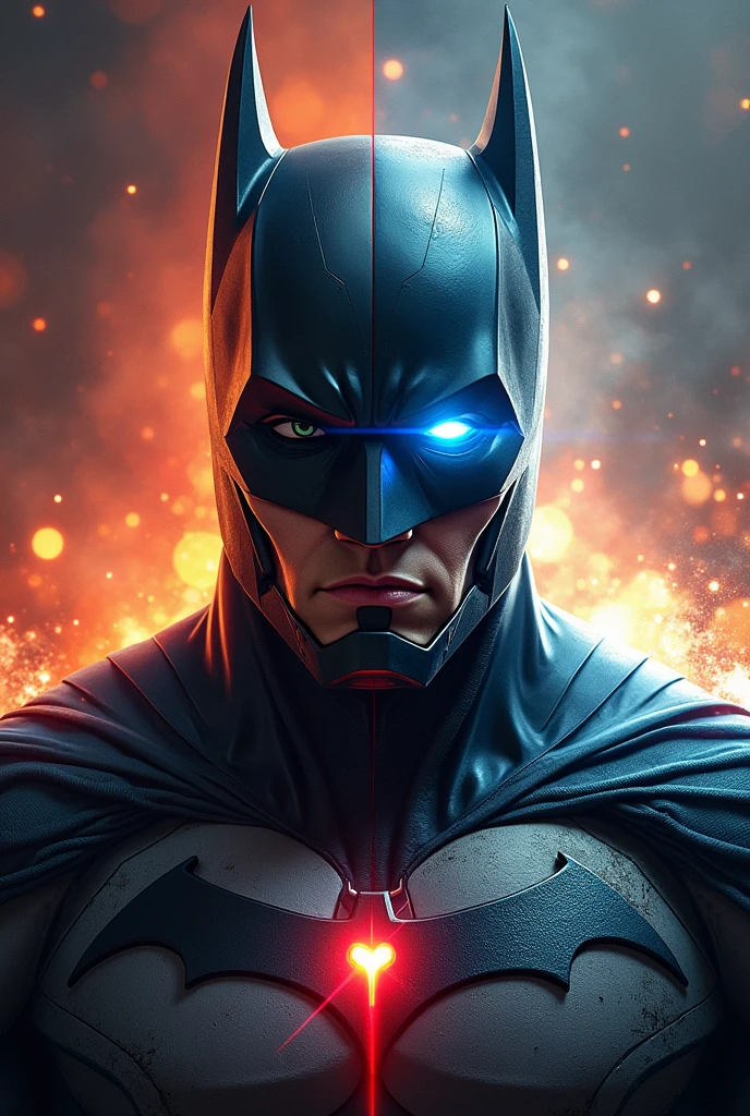 Half batman face and body and another Half Ironman. More background 50% dark and firey and 50% bright.
