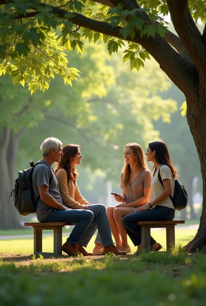 A realistic image of a romantic encounter between a 40-year-old man and a 3 woman in a leafy square under a tree with a bench beneath it.. the man have a backpack.
