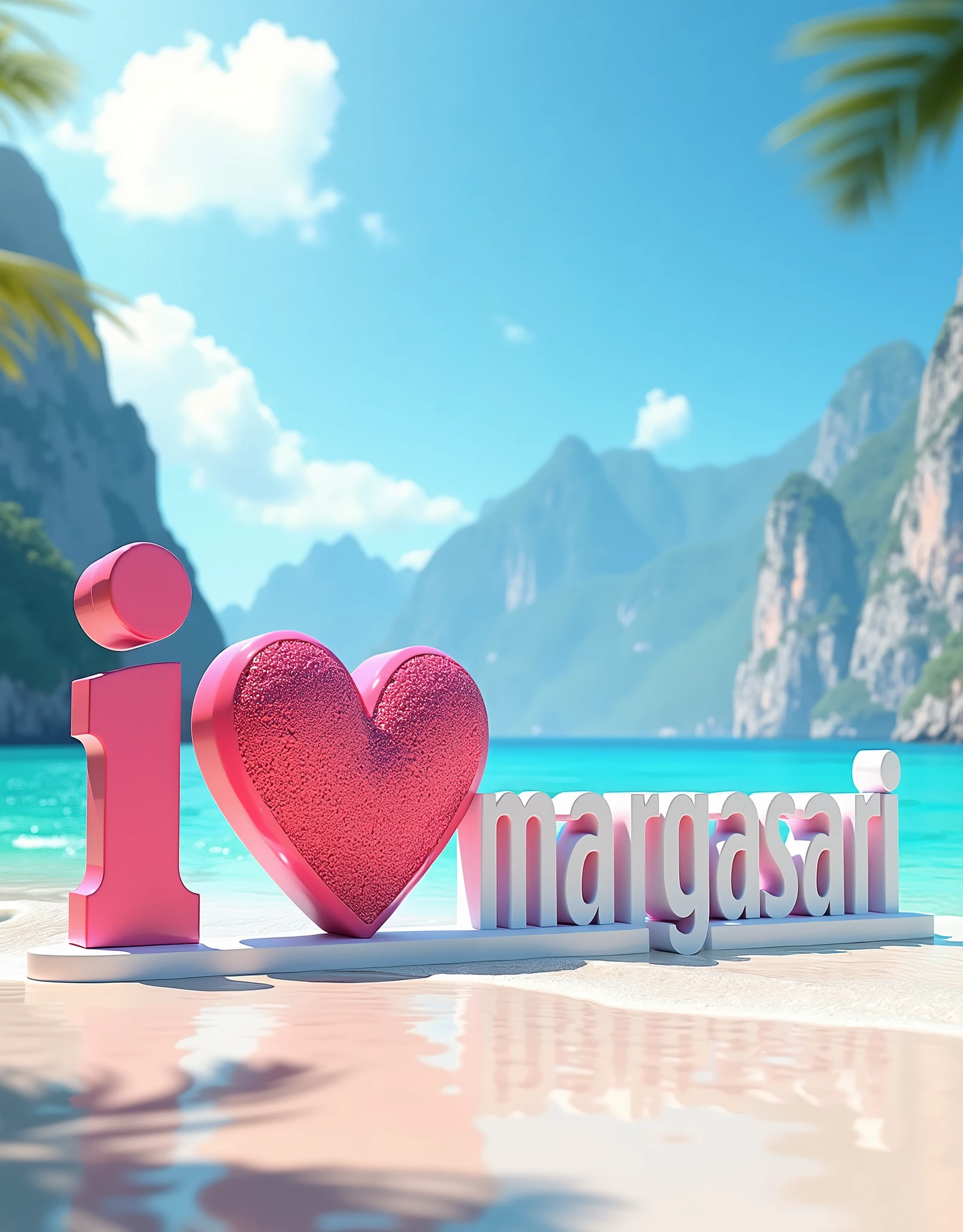 Make a picture showing big 3D letters that say "I LOVE MARGASARI" with a heart shape replacing the word "LOVE". The setting is a beautiful beach with clear skies, The scene should have mountains in the background, contributing to a serene and beautiful landscape.