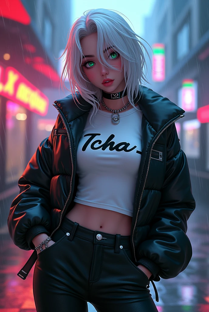 Kizi pele caucasiana, 17 year, White hair, wearing black jeans, wearing black boots, White T-Shirt and her name 'ICHA' has written on that with black aviator jacket, greeneyes,curved body, cocked ass, cyberpunk atmosphere, Raby, アニメ, Mullet, upper body, Anime Style, 3D, Hair Over One Eye,