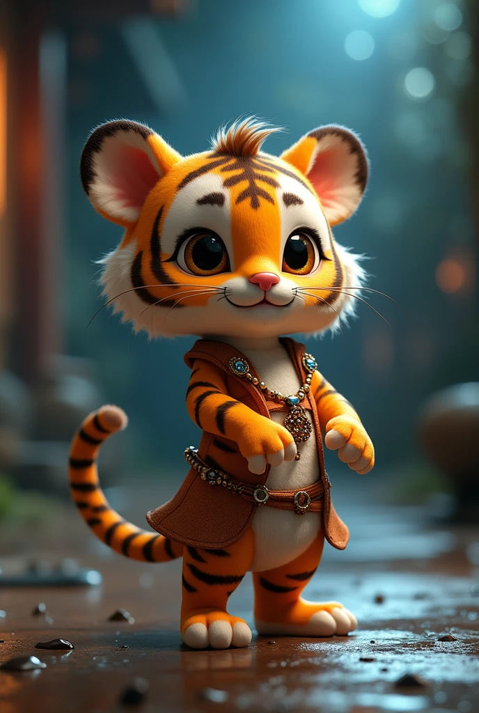 A small tiger standing facing forward with its front legs raised。
Big eyes with a cute, human-like expression。Slightly larger head than body。limbs are short。
Dancer's attire。Wearing accessories。
Glossy texture。
The background is outdoors at night
