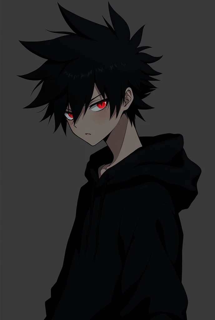 Anime boy , Spiky hair , black hair , black hoodie , red eyes , narrowed eye , blank black background , side view