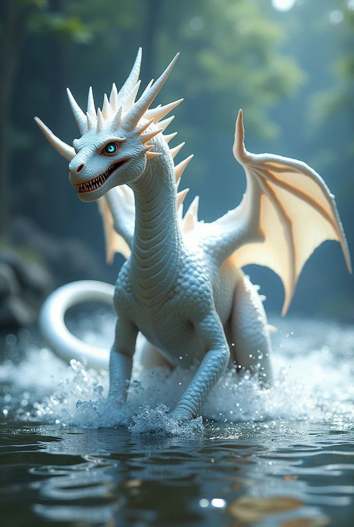 Side view of an adult sized beautiful 4 legged female white dragon with large wings, and dinosaur-like electric blue eyes walking in shallow water, fierce features, sharp teeth, long tail, spikes along head with water-like qualities. The white scale shimmer.