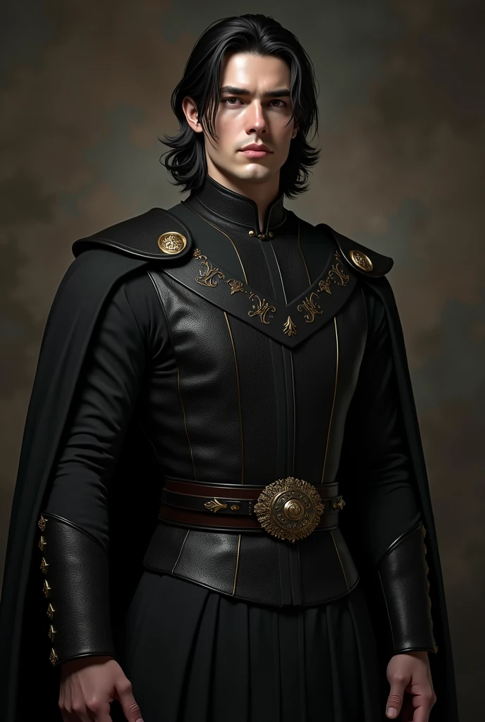 Realistic full body image of handsome white skinned young man, straight, black hair that reaches the nape of the neck, eyes black, masculine and attractive facial features, defined body wearing black medieval prince costume without crown