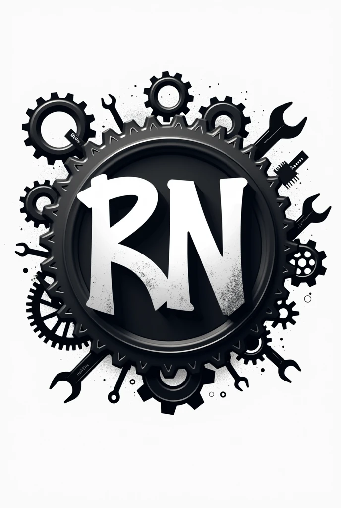 RN logo that is black and white, related to mechanical engineering with mechanical tools and equipment in background, cool
