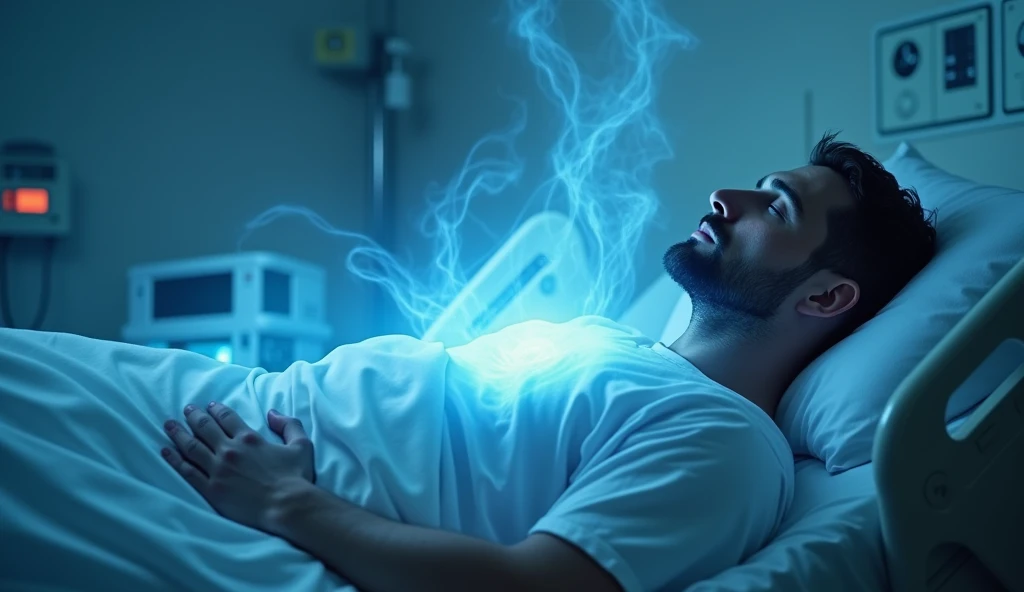 Image of a man lying in a hospital bed. A transparent blue soul comes out of his body as if the spirit/soul was leaving the dead man.