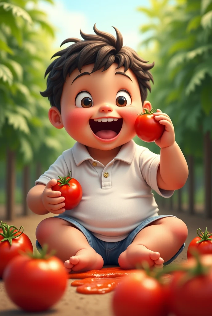 Imagine a chubby,  boy sitting amidst a lush tomato garden. He's wearing a white polo t-shirt and shorts, his expression filled with delight as he holds a tomato in his left hand. With his right hand, he's eagerly eating another tomato, causing some tomato puree to spill onto his shirt. The background is a vibrant tomato garden, with rows of tomato plants stretching into the distance, slightly blurred to emphasize the focus on the boy enjoying his tomatoes.