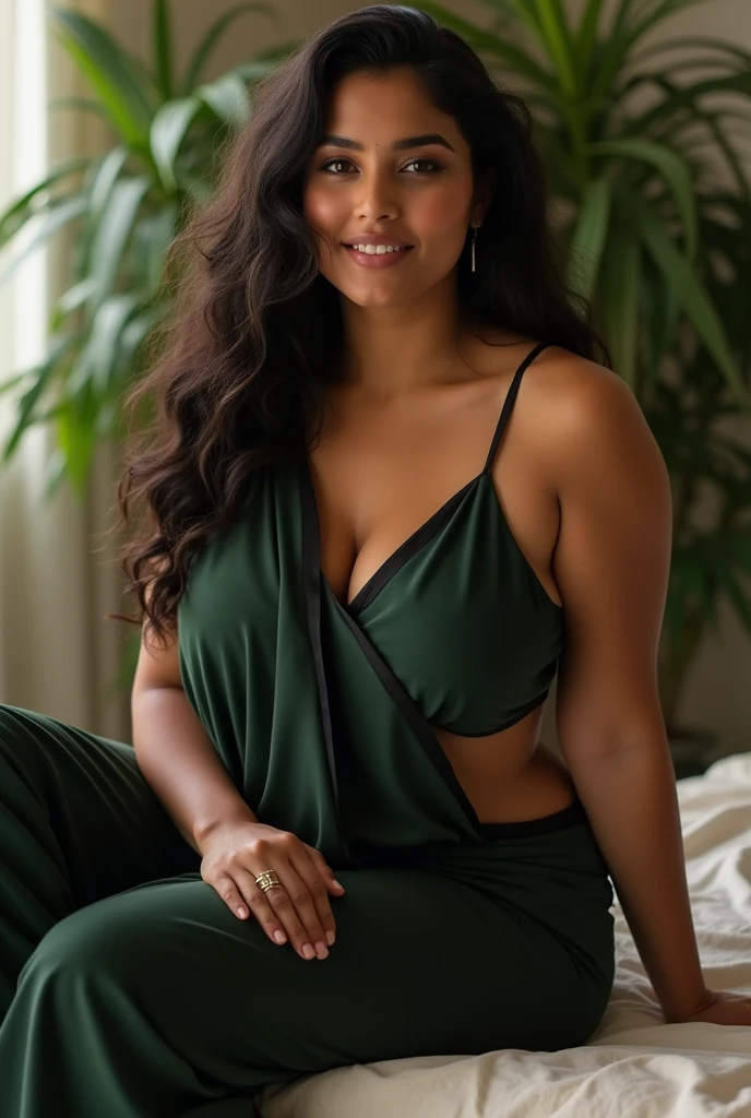 (photorealism:1.2), beautiful fat indian woman, warring plan dark green saree with black simple on bed, wearing loose off-shoulder top, pajama pants, long curly hair, indoors, soft lighting, plants in background, window