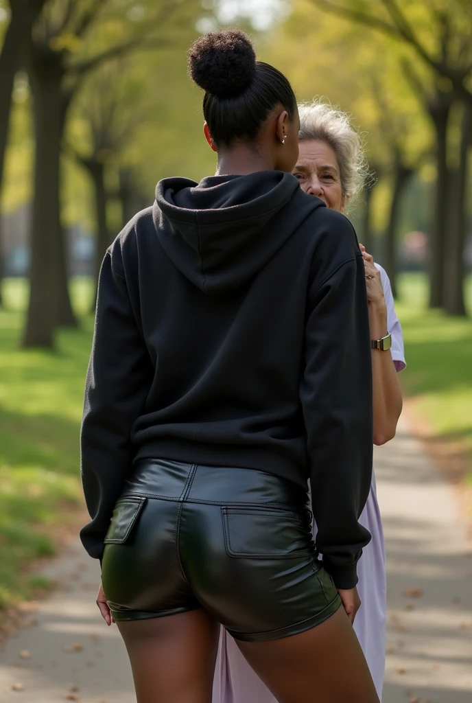 black woman hair in a bun black hoodie black leather short shorts bending over getting fucked in the ass by a old ugly woman in a dress in a park

