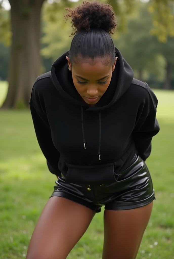 black woman hair in a bun black hoodie black leather short shorts bending over getting fucked in the ass by a old ugly woman in a dress in a park
