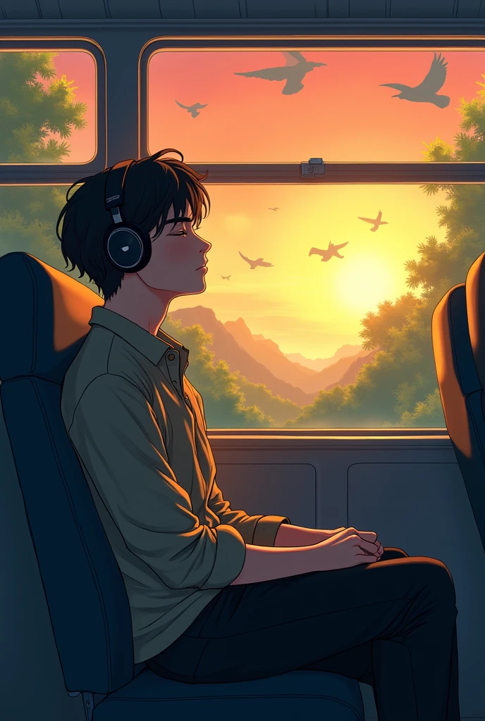 age 30 boy sit alone in bus closed eyes listening music with headphones sunset jungle flying bird Anime
