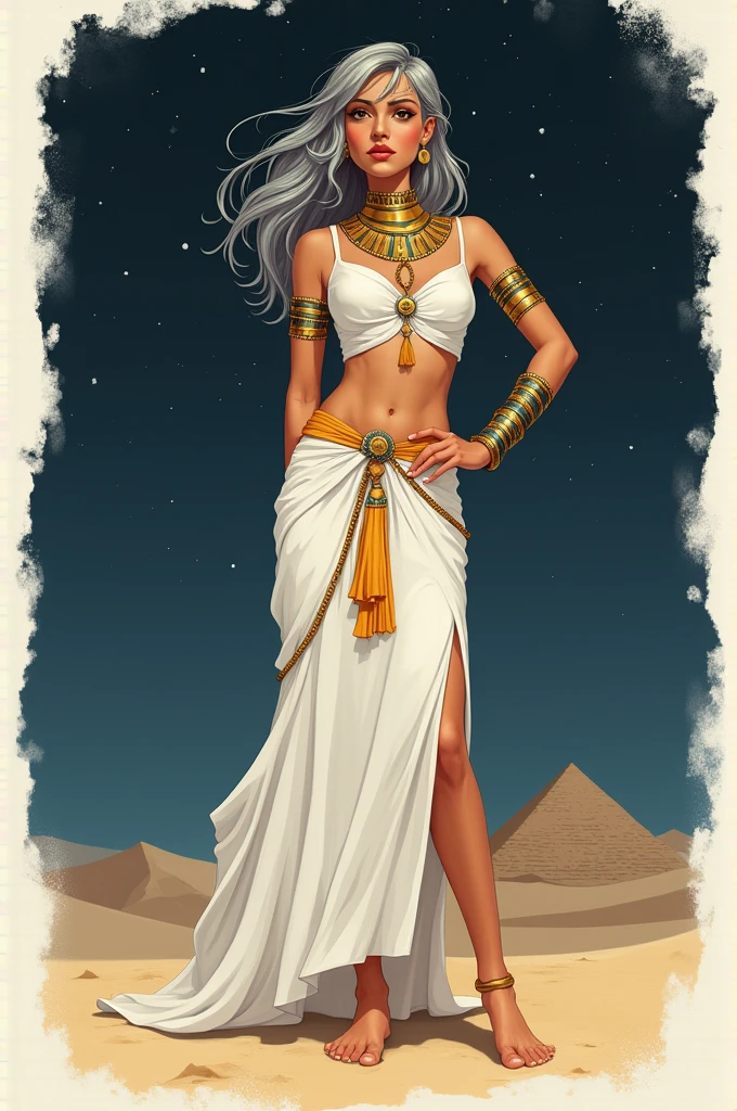 Illustration jeune femme cheveux gris court ondulés. Yeux orange. Teint hâlé. Vêtement type égyptien. Pieds nus sur du sable blanc de nuit