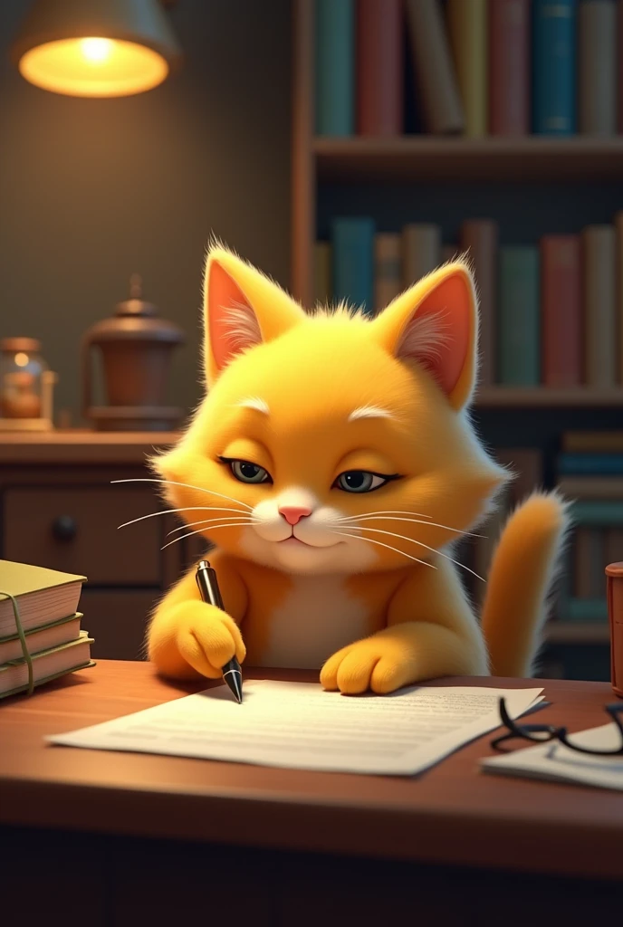 A yellow cat writing 
