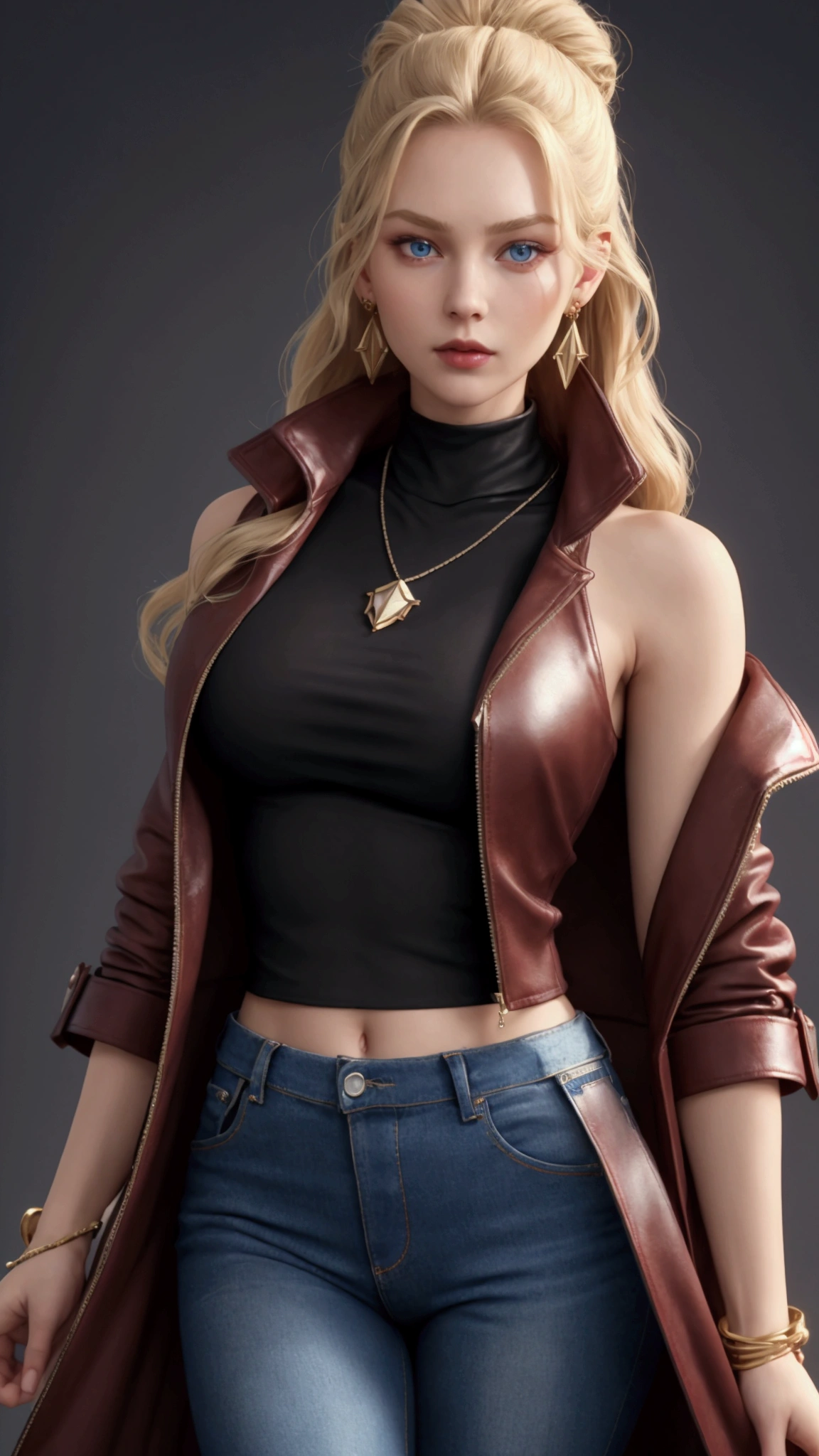 Masterpiece, best quality, Blonde Hair Bun、blue eyes, The ends of the hair are wavy., beautiful face, wearing necklace, Vintage style earrings, Black high neck zip-up sleeveless top, Dark red leather coat, open shoulder, accessories on the wrist, Smooth skin, Slender waist, Beautiful belly, Low-rise jeans,  fit, sexy, 30k, 3d, Exquisite clothing details, high resolution, film lighting, perfect light, Physics-based rendering