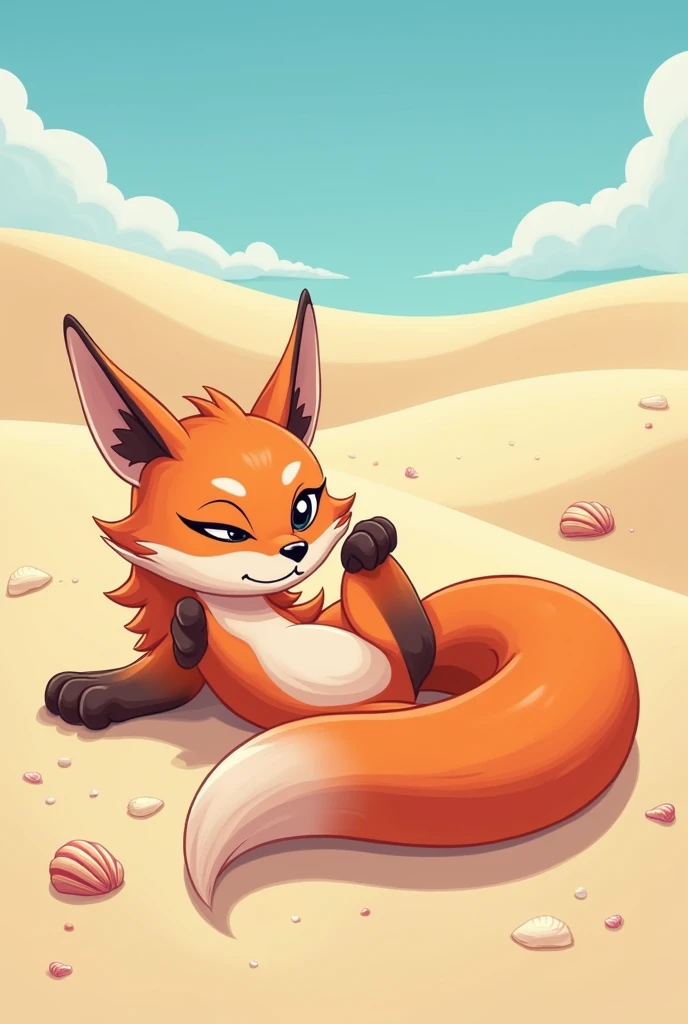 A furry, cartoon-style image of a non-realistic female fox with a slim build. She is lying on a bare beach with sand dunes, seashells and a clear sky. The fox has his legs open showing everything