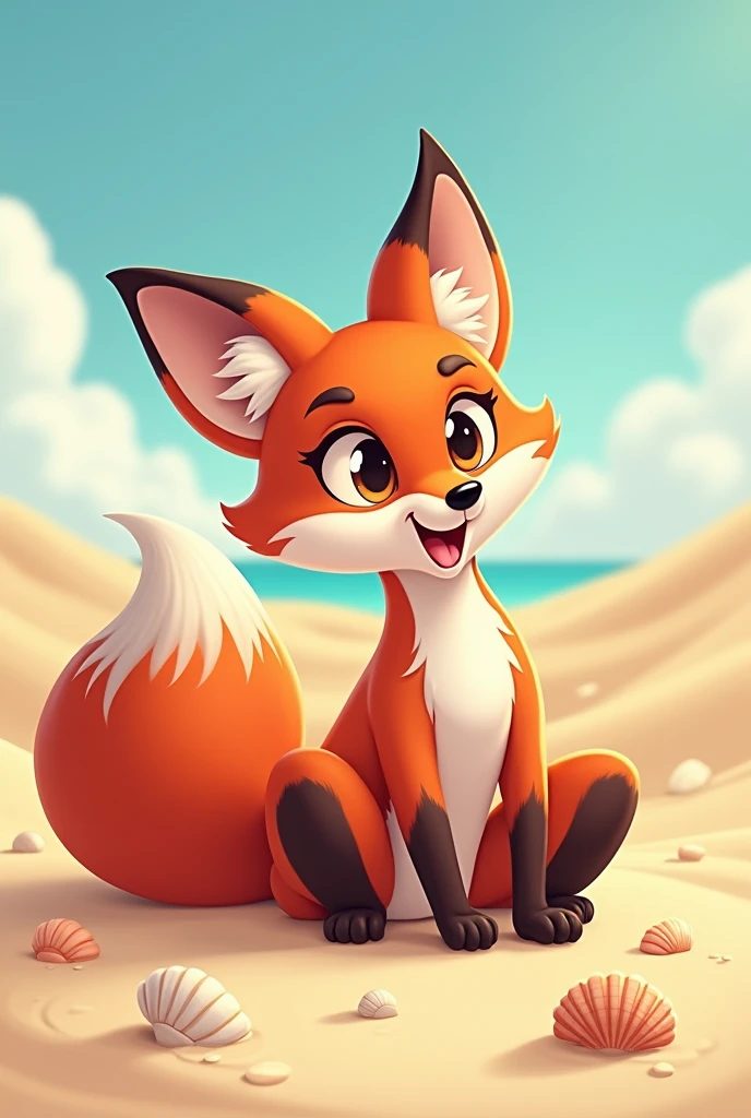 A furry, cartoon-style image of a non-realistic female fox with a slim build. She is lying on a bare beach with sand dunes, seashells and a clear sky. The fox has his legs open showing everything