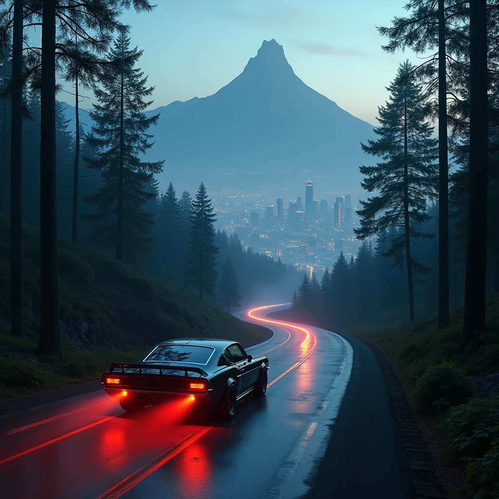 Intricate details, ( real photograph),
Cinema Lighting，Cyberpunk forest，mountain，
Soft colors，The car's exhaust was red in the headlights，Cityscape，space，car，No humans，scenery，side view, Expressway，