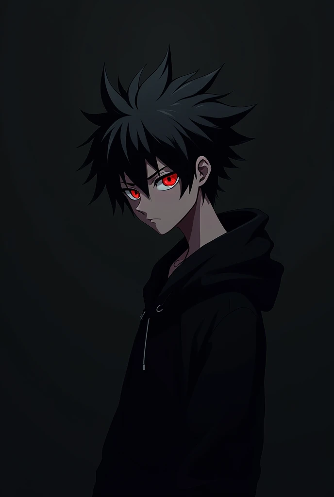 Anime boy , Spiky hair , black hair , black hoodie , red eyes , narrowed eye , blank black background , side view