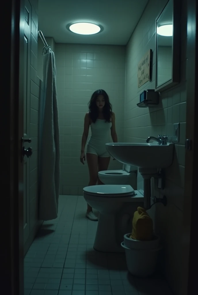 A girl in bathroom a college hostel. There is a hidden camera behind her. The background is dark theme for privacy.