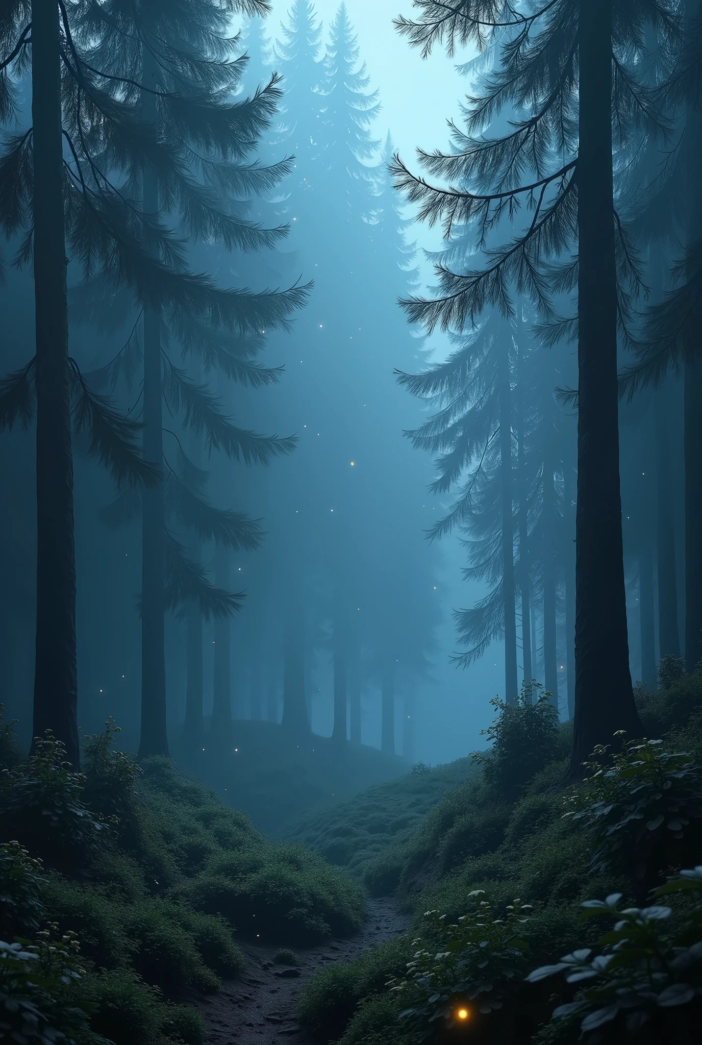 "A dense, shady forest with tall pine trees, shrouded in a thick, blue mist, creating a mystical and mysterious atmosphere. The surrounding vegetation is dark green, with a faint glow of small wildflowers scattered across the ground. The lighting is soft and dim, accentuating the cold and humid climate of the landscape."
